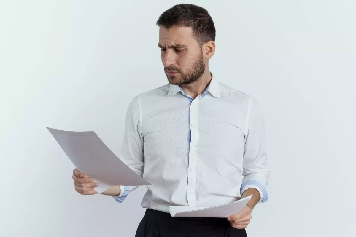 Der Bewerber hält ein Papier in der Hand und bereitet sich auf das Vorstellungsgespräch vor