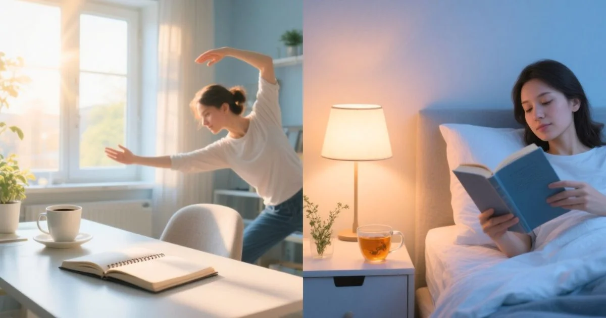 Ranná káva, journaling a cvičenie, večer čítanie v posteli pri lampe.