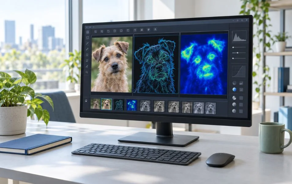 deep-learning-rozpoznavanie-obrazov-954x600 Monitor zobrazuje fotografiu psa, jeho zvýraznené obrysy a farebnú mapu spracovaného obrazu.