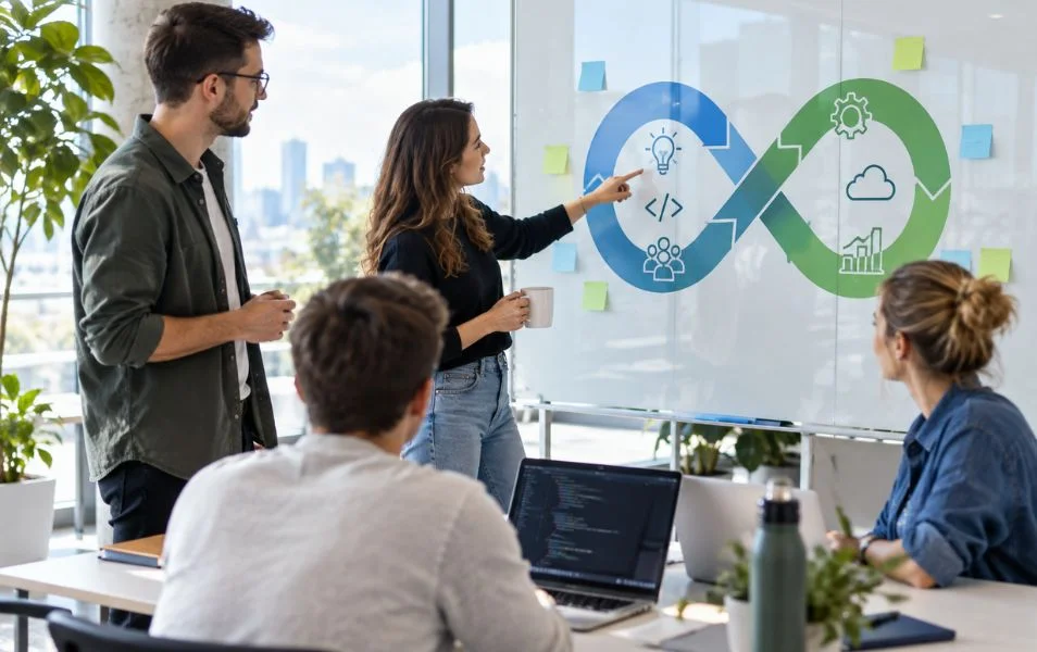 DevOps tím pri tabuli s diagramom vývoja, cloudu a automatizácie
