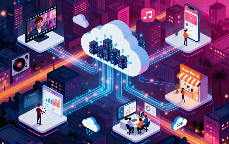 Ilustrácia cloud computingu s prepojenými službami, dátami a používateľmi v digitálnom prostredí.
