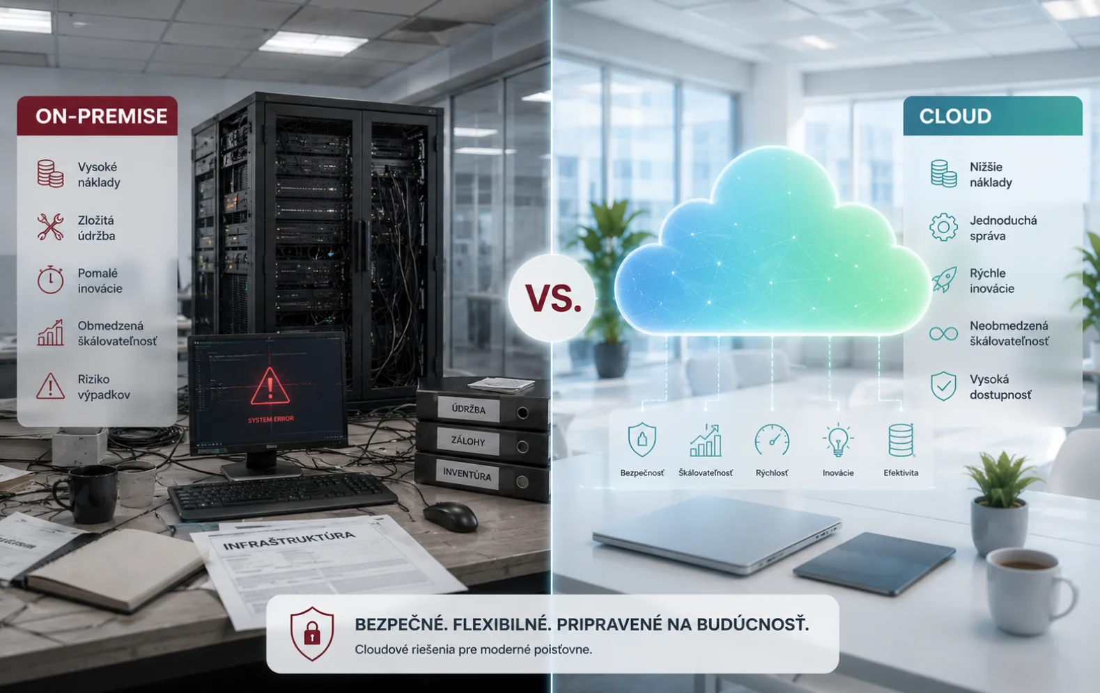 on-premise-vs-cloud | msg life Slovakia Porovnanie on-premise a cloudových riešení v poisťovníctve z pohľadu nákladov, správy, škálovateľnosti a dostupnosti.