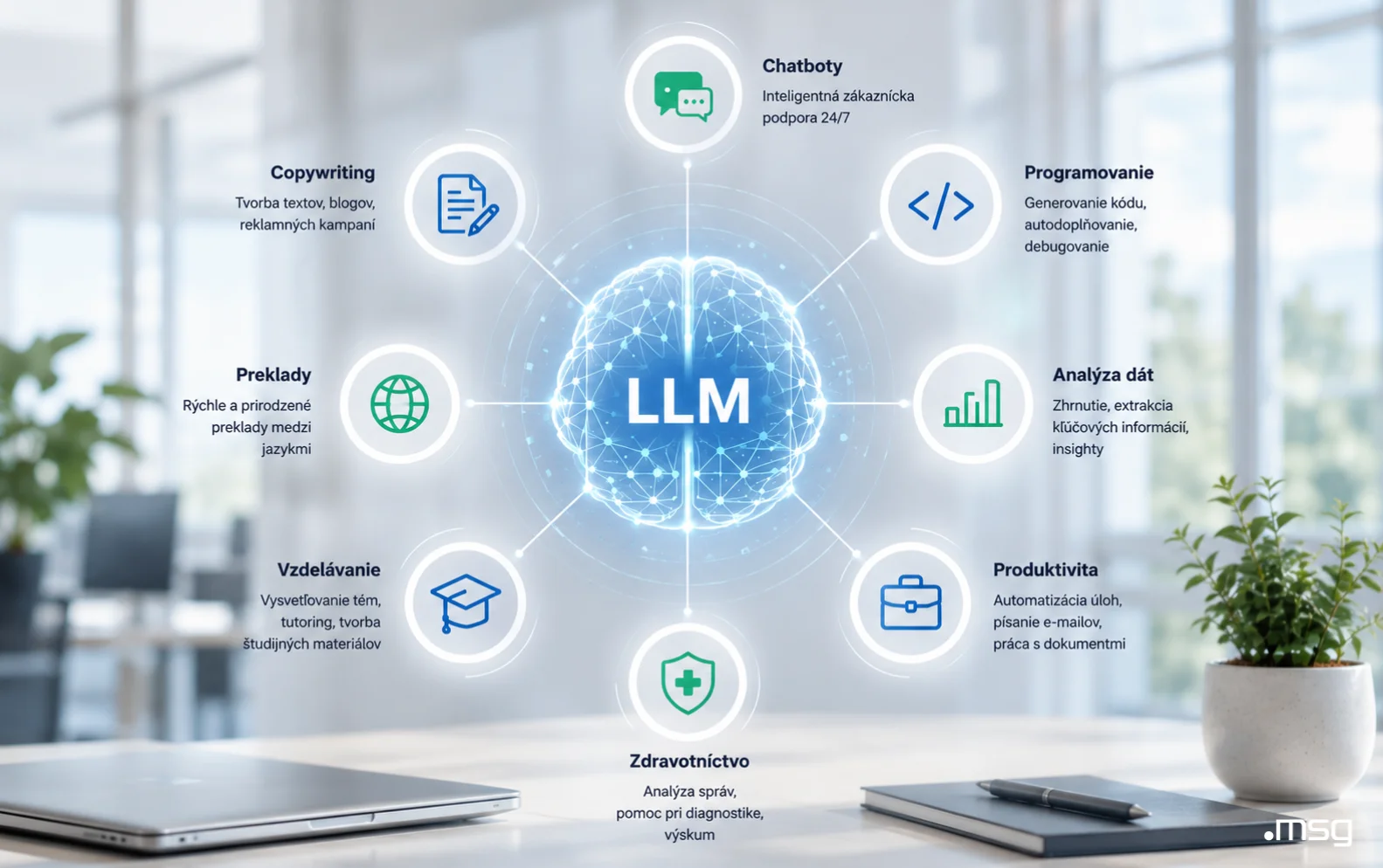 prakticke-vyuzitie-llm | msg life Slovakia Praktické využitie LLM v copywritingu, chatbotoch, programovaní, analýze dát, prekladoch, vzdelávaní a zdravotníctve.