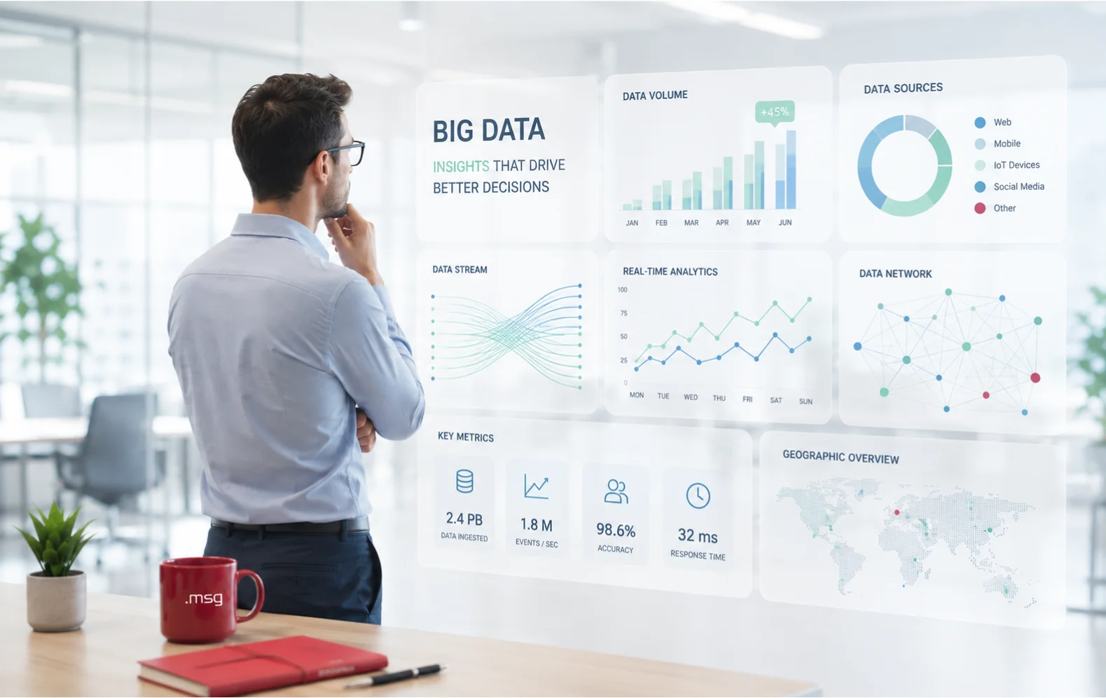 Man in a light blue shirt stands at a glass wall of data dashboards showing charts and graphs in an office.&nbsp;