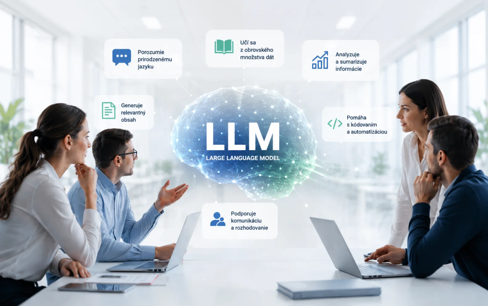 Four professionals around a conference table view a glowing LLM globe with six floating captions in Slovak describing its capabilities: natural language understanding, learning from vast data, analyzing and summarizing information, generating relevant content, coding and automation, and supporting communication and decision-making.&nbsp;