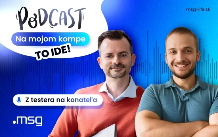 Podcast cover with two smiling men; Slovak title 'PODCAST Na mojom kompe TO IDE!' on a blue background.