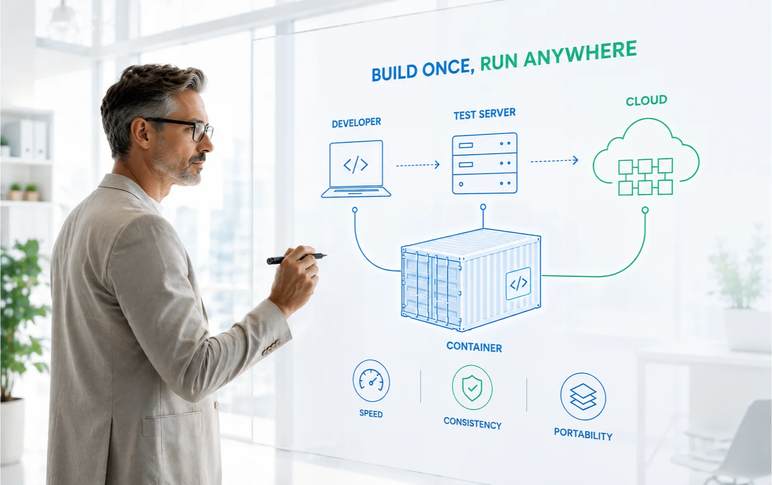 Container technology a prenos aplikácie medzi vývojovým prostredím, testovacím serverom a cloudom.