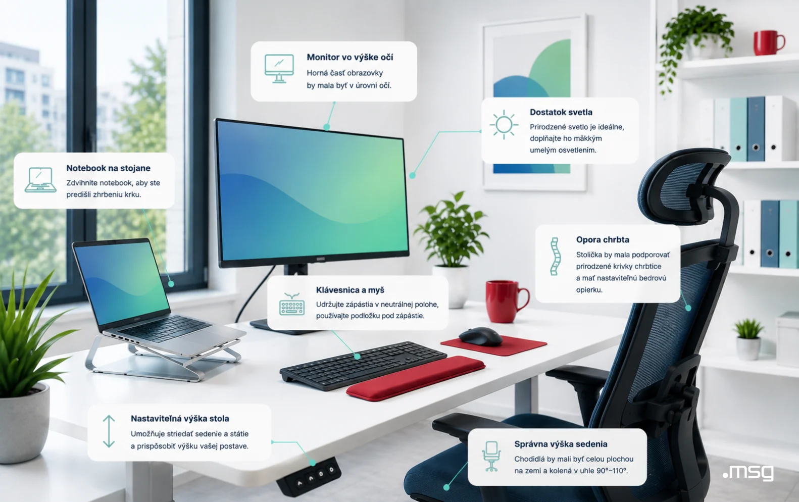 Ergonomické pracovisko s vhodnou výškou monitora, notebookom na stojane, správnym sedením a polohou klávesnice a myši.