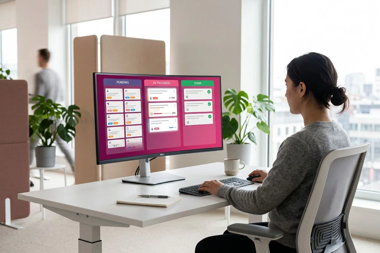 Žena sedí pri stole a na monitore má otvorenú tabuľu s úlohami v stĺpcoch pending, in progress a done.