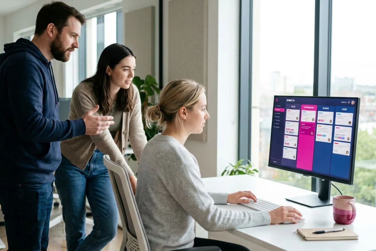 Traja kolegovia stoja pri stole a pozerajú na monitor s tabuľou úloh.