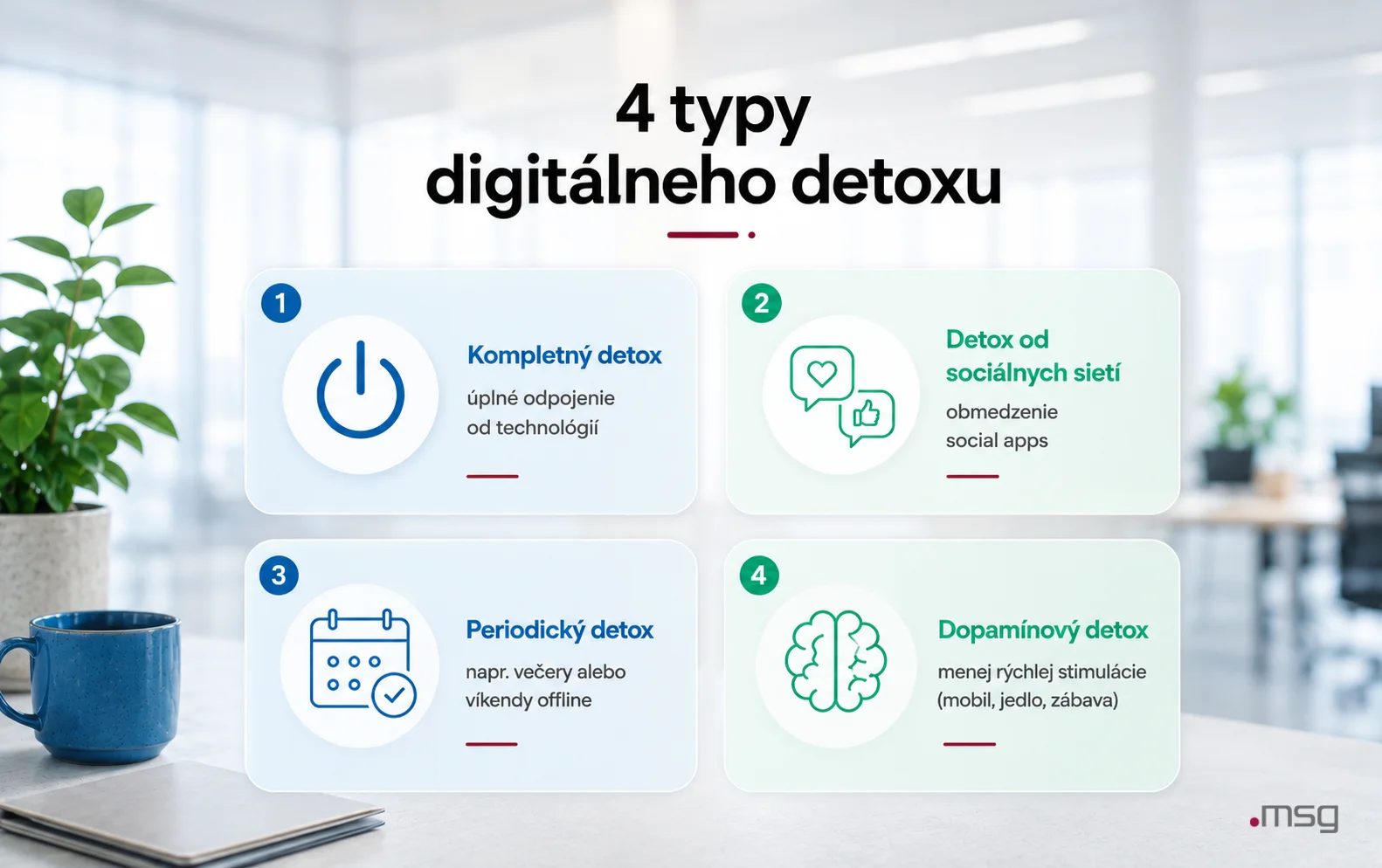 4 typy digitálneho detoxu | msg life Slovakia Štyri typy digitálneho detoxu – kompletný detox, detox od sociálnych sietí, periodický a dopamínový detox.