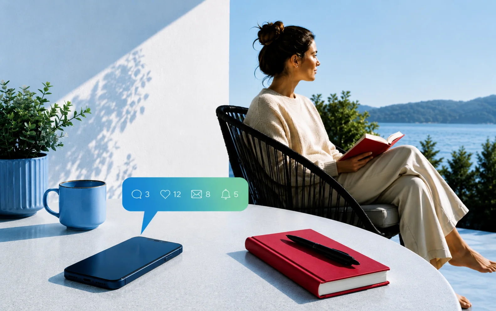 Thumbnail_ Digitálny detox_ Ako sa odpojiť od technológií a získať späť kontrolu Woman relaxing outdoors in a wicker chair, reading a red notebook, with a smartphone, blue mug, and red notebook on a white table; a potted plant and scenic sea view in the background. A blue-green social notification bubble appears over the table.