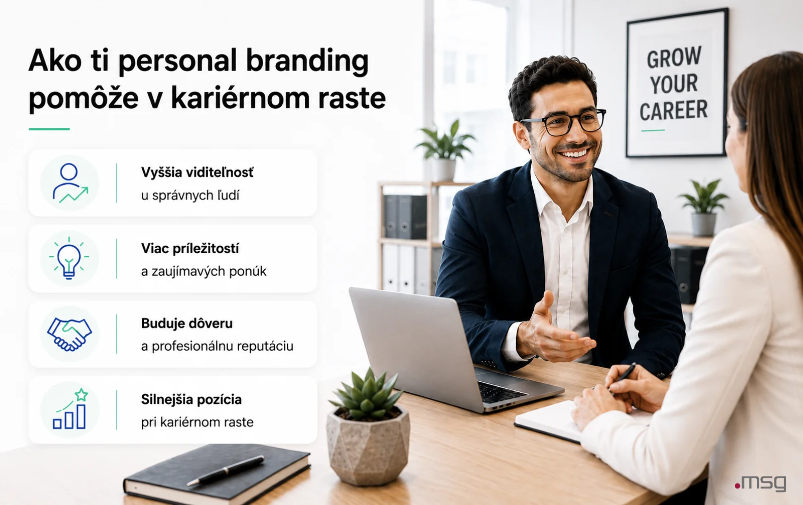 Personal branding podporuje kariérny rast zvýšením viditeľnosti, dôveryhodnosti a počtu pracovných príležitostí.