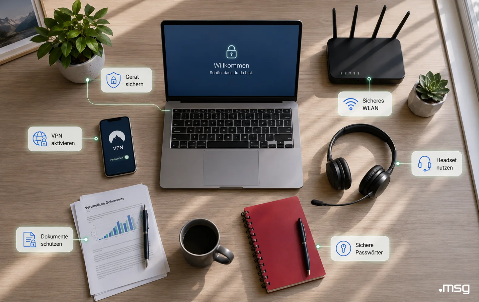 cybersicherheit | msg life Slovakia Sicherer Homeoffice-Arbeitsplatz mit VPN, geschütztem WLAN und sicheren Passwörtern