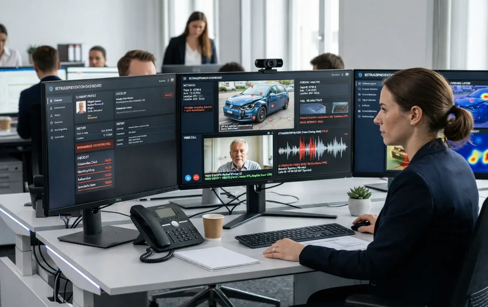 Mitarbeiterin analysiert Inhalte auf mehreren Monitoren zur Deepfake-Erkennung&nbsp;