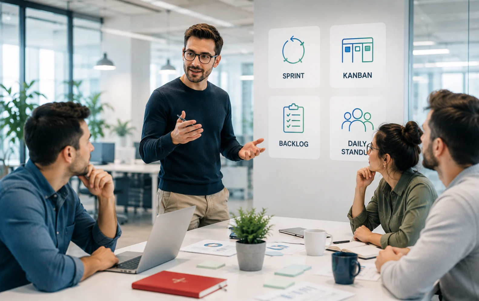 Agilný tím diskutuje o princípoch agile, ako sú sprint, Kanban, backlog a daily standup.