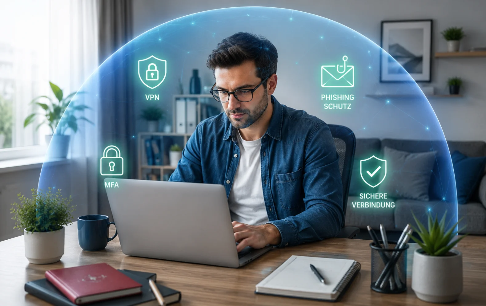 thumbnail-cybersicherheit-im-homeoffice IT-Fachkraft im sicheren Homeoffice mit VPN, MFA und Phishing-Schutz