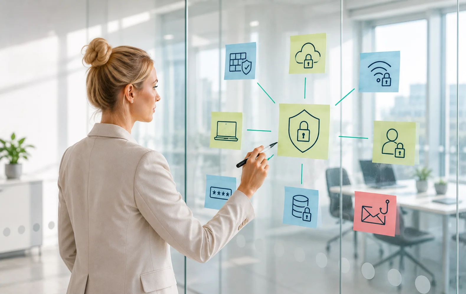 Businesswoman in a beige blazer plans IT security on a glass wall covered with colorful sticky notes and icons.&nbsp;