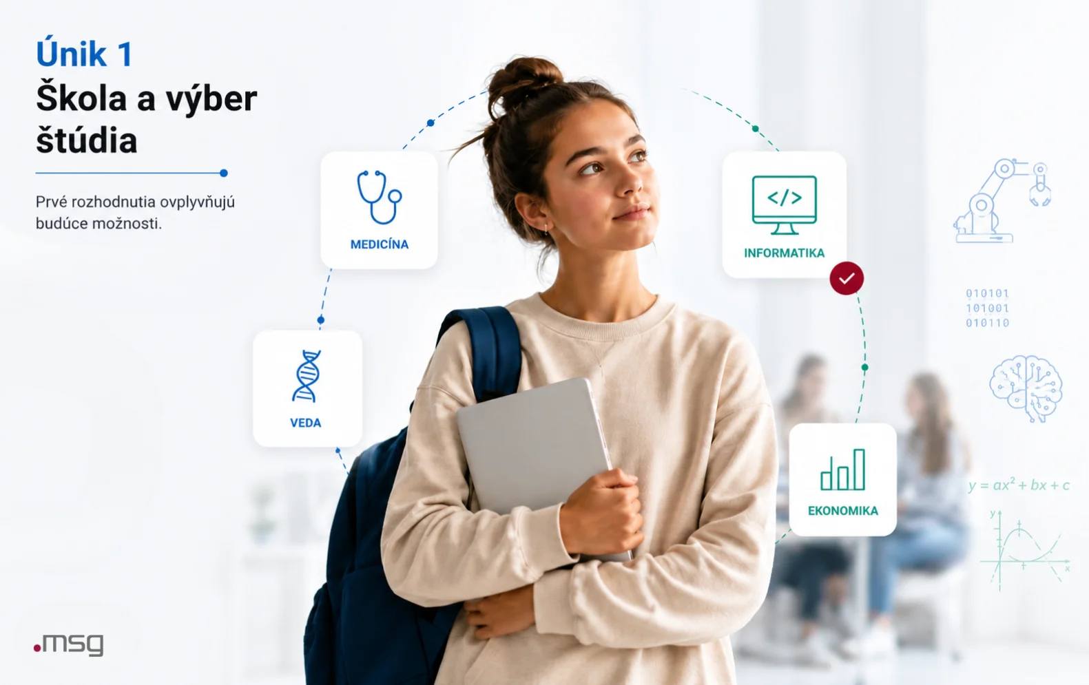 Mladá žena pri výbere štúdia medzi informatikou, vedou, medicínou a ekonomikou.