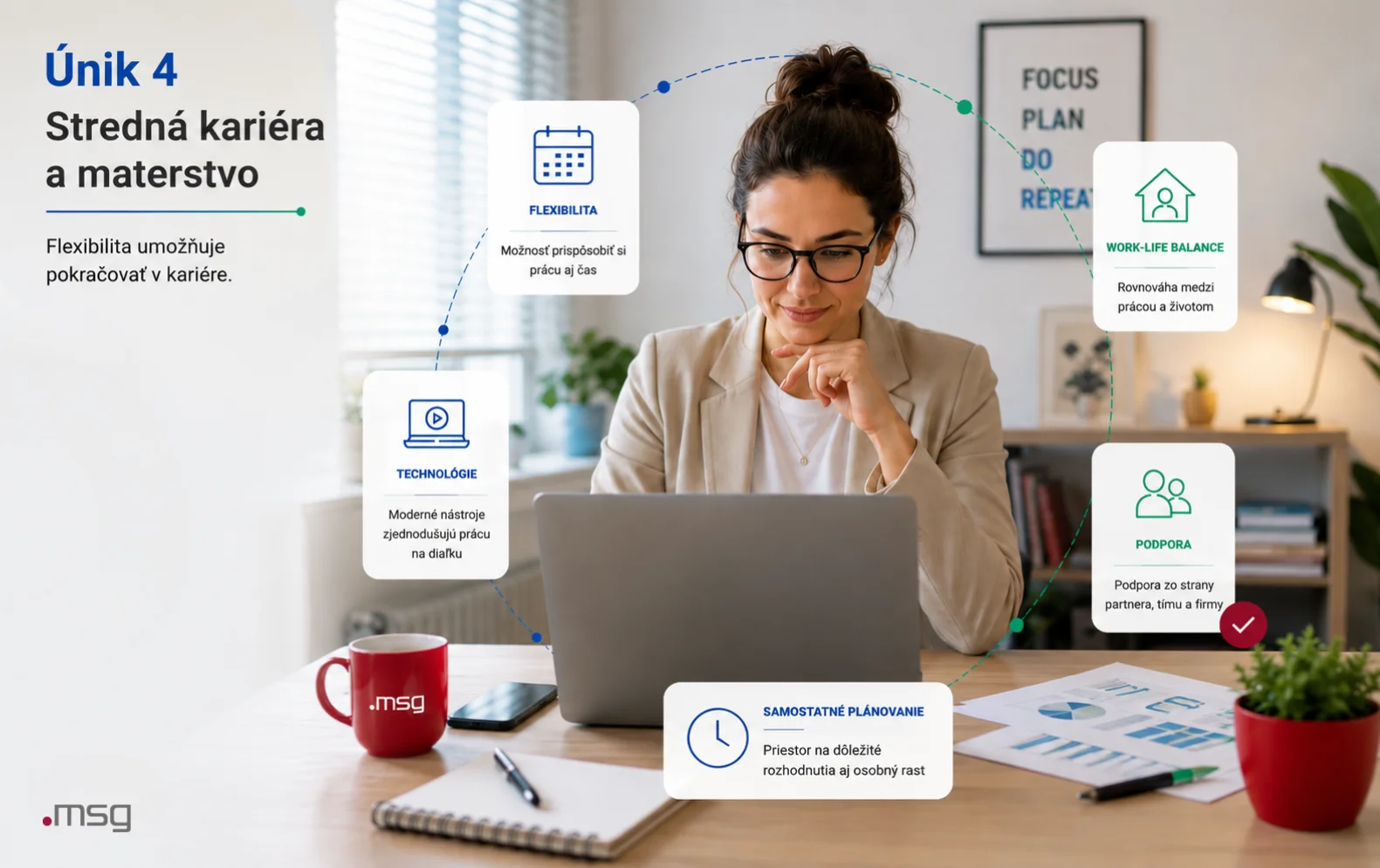 Žena pracuje na notebooku počas strednej fázy kariéry s dôrazom na flexibilitu a work-life balance.