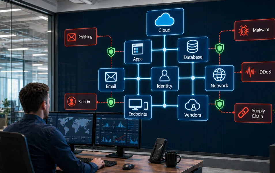 Systemarchitektur der Cybersicherheit mit Phishing, Malware und DDoS.&nbsp;