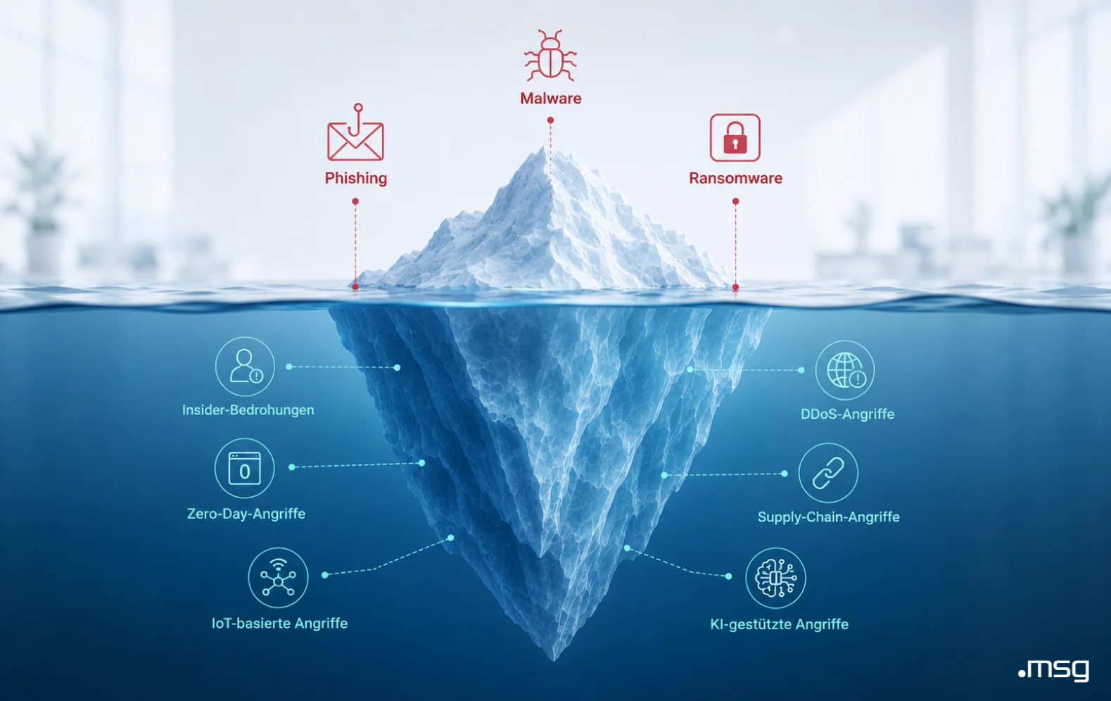 Eisbergmodell der Cyberbedrohungen mit Phishing, Malware, Zero-Day- und KI-Angriffen