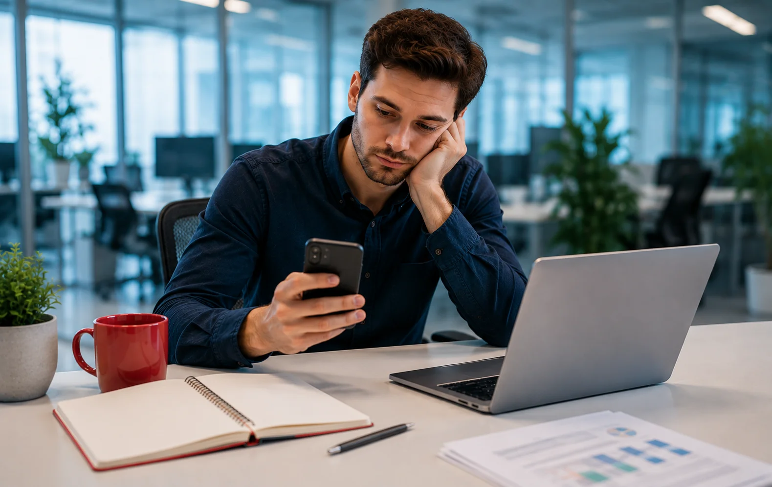 Man sits at a bright office desk, looking at his phone with a pensive expression beside a laptop.&nbsp;