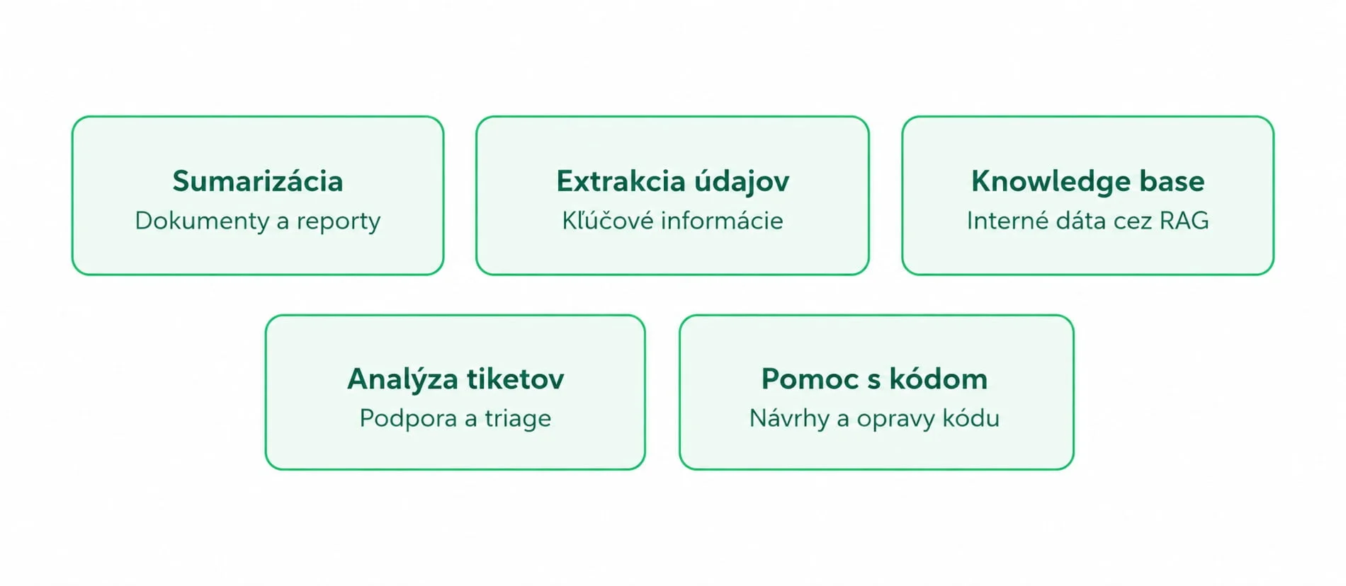 Schéma piatich úloh lokálneho AI modelu: sumarizácia, extrakcia údajov, knowledge base, analýza tiketov a pomoc s kódom.