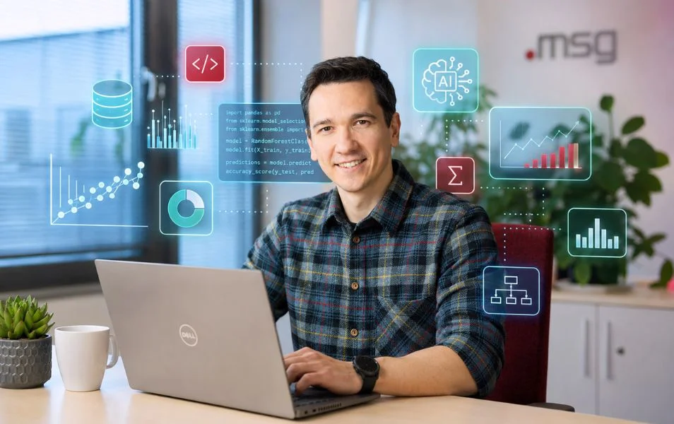 Data scientist pracuje na notebooku s dátami, grafmi a nástrojmi umelej inteligencie