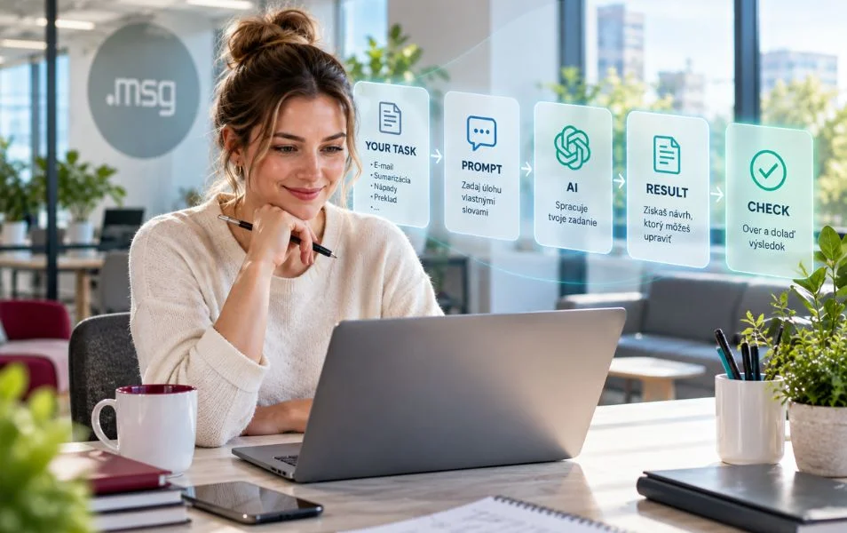 ako-pracovat-s-ai-prakticky-start-pracovne-ulohy-954x600 Woman at a laptop in a bright office studiedly smiling while a glass wall displays a digital task workflow: YOUR TASK → PROMPT → AI → RESULT → CHECK (checkmark).
