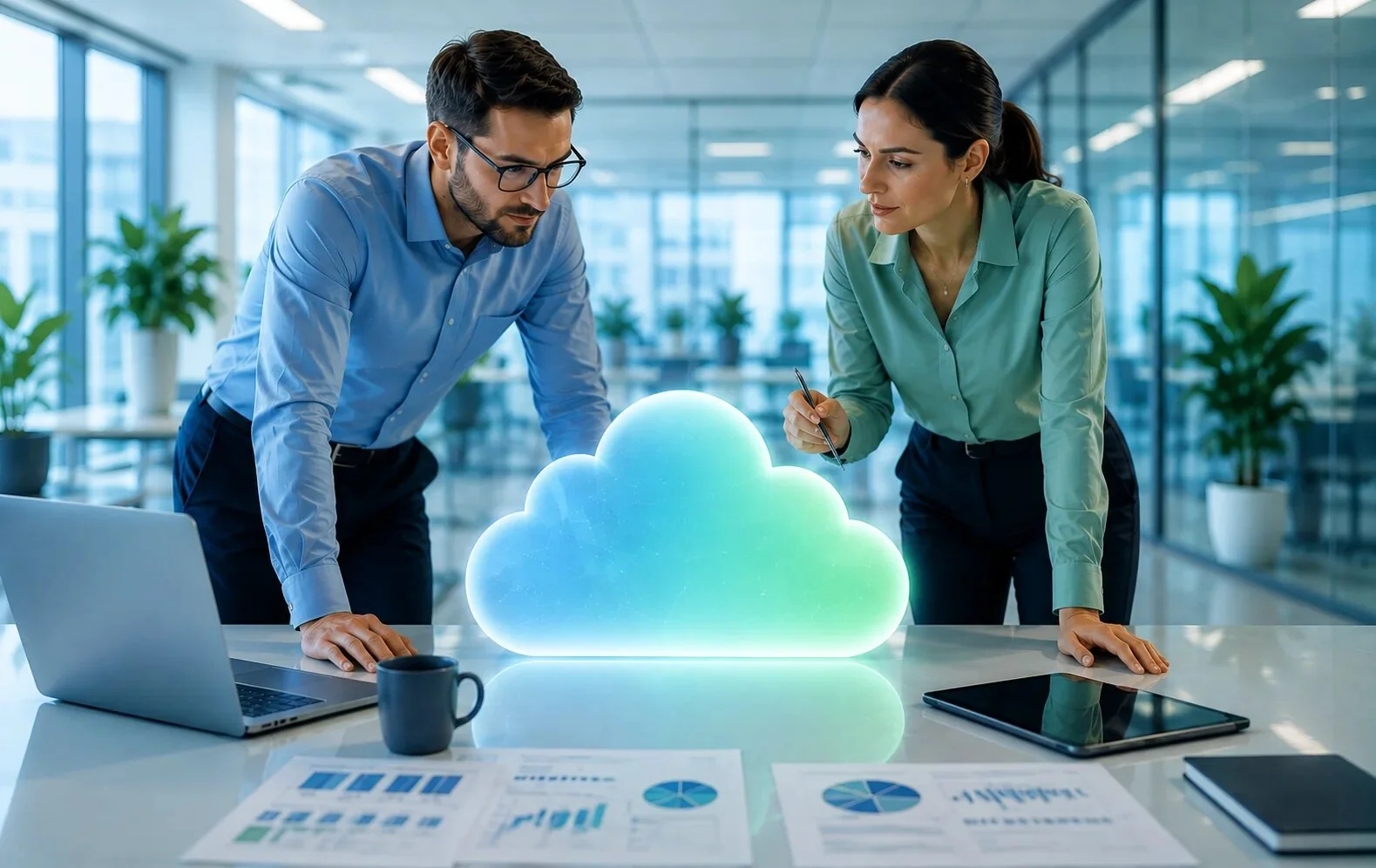 Two professionals lean over a glowing cloud icon on the table, discussing cloud computing in a bright office.
